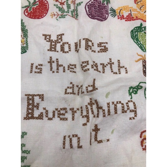 VTG Cross Stitch Sampler Motto Completed Fruits & Vegetables Yours is the Earth - Picture 3 of 8
